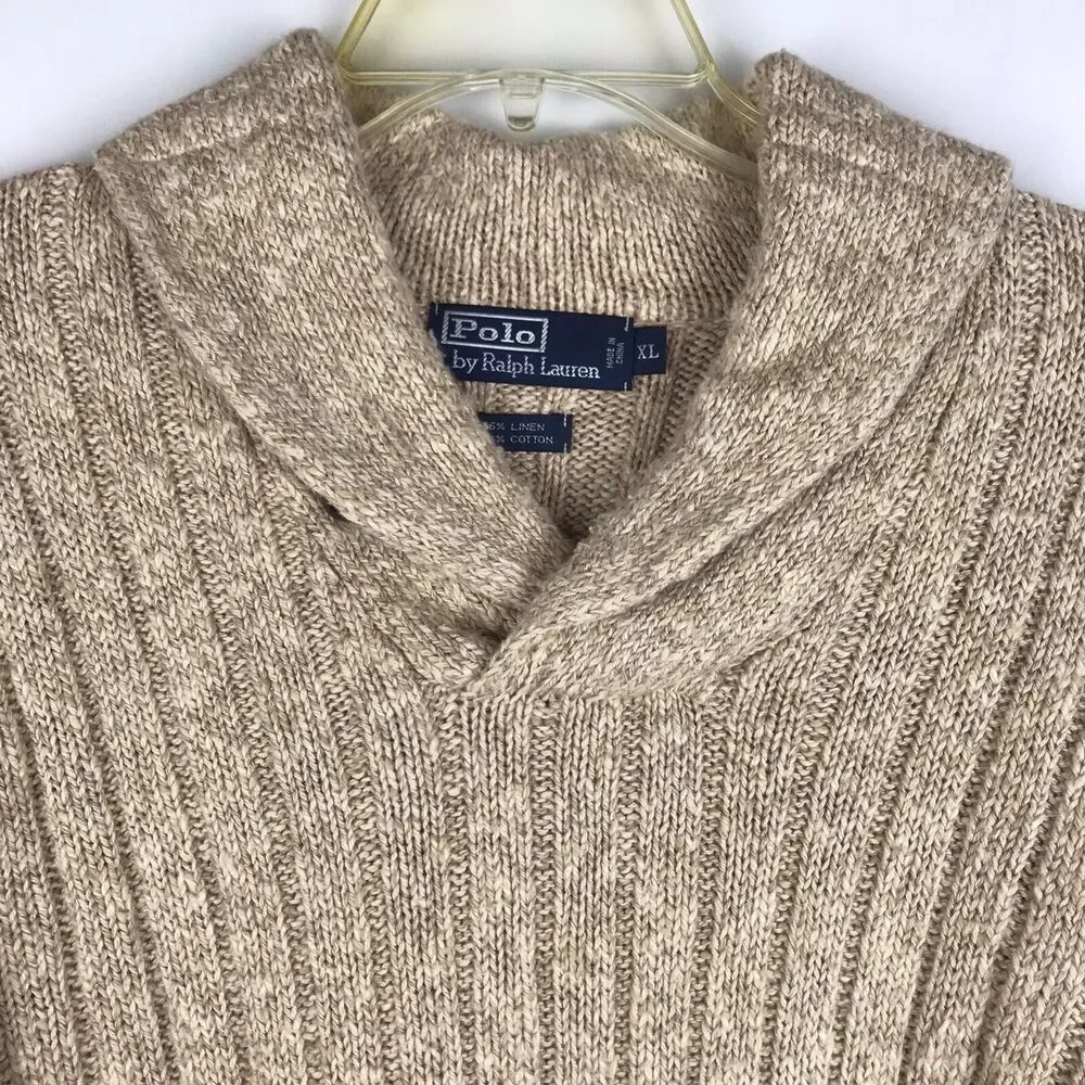 Polo Ralph Lauren Pullover Sweater Cowl Neck Beige Linen Cotton Blend Knit XL